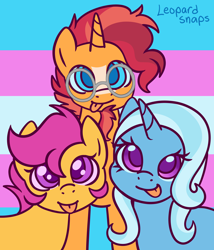 Size: 3000x3500 | Tagged: safe, artist:leopardsnaps, scootaloo, sunburst, trixie, pegasus, pony, unicorn, g4, beard, facial hair, female, filly, foal, glasses, looking at you, male, mare, pride, pride flag, pride flag background, smiling, stallion, tongue out, transgender pride flag