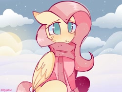 Size: 1579x1203 | Tagged: safe, artist:sillyp0ne, fluttershy, pegasus, pony, g4, blushing, clothes, cloud, cute, female, folded wings, mare, no pupils, scarf, shyabetes, signature, sitting, smiling, snow, snowfall, solo, sunrise, sweater, wings, winter