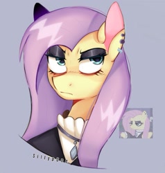 Size: 885x931 | Tagged: safe, artist:sillyp0ne, fluttershy, pegasus, pony, fake it 'til you make it, g4, bust, female, fluttergoth, frown, mare, piercing, portrait, signature, simple background, solo