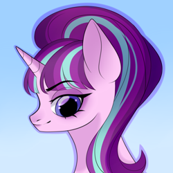 Size: 2600x2600 | Tagged: safe, artist:undersidecat, starlight glimmer, pony, unicorn, g4, blue background, bust, eyebrows, eyebrows visible through hair, female, gradient background, mare, portrait, s5 starlight, smiling, solo