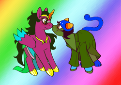 Size: 1084x757 | Tagged: safe, artist:dailyfefnepz, alicorn, earth pony, pony, blushing, boop, clothes, dithering, duo, feferi peixes, glasses, gradient background, homestuck, looking at each other, looking at someone, nepeta leijon, noseboop, ponified, rainbow background, smiling, smiling at each other