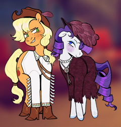 Size: 1247x1299 | Tagged: safe, artist:peachybats, applejack, rarity, earth pony, pony, unicorn, g4, applejack's hat, blushing, boots, clothes, cowboy hat, dress, female, freckles, hat, jewelry, lesbian, looking at each other, looking at someone, necklace, ship:rarijack, shipping, shoes, simple background, smiling, smiling at each other, solo, white background