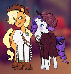 Size: 1247x1299 | Tagged: safe, artist:peachybats, applejack, rarity, earth pony, pony, unicorn, g4, applejack's hat, blushing, boots, clothes, cowboy hat, dress, female, freckles, hat, jewelry, lesbian, looking at each other, looking at someone, necklace, ship:rarijack, shipping, shoes, simple background, smiling, smiling at each other, white background