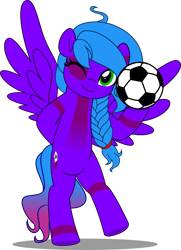 Size: 3619x5001 | Tagged: safe, artist:jhayarr23, oc, oc only, oc:violet aura, pegasus, bipedal, braid, commission, commissioner:solar aura, eye spot, football, one eye closed, pegasus oc, simple background, solo, sports, transparent background, wink, ych result