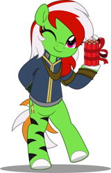 Size: 3203x5000 | Tagged: safe, artist:jhayarr23, oc, oc:wandering sunrise, earth pony, pony, fallout equestria, fallout equestria: dead tree, bipedal, commission, commissioner:solar aura, dynamite, earth pony oc, explosives, green coat, solo, white hooves, ych result