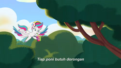 Size: 3072x1727 | Tagged: safe, screencap, zipp storm, pegasus, pony, g5, icy prints, my little pony: tell your tale, spoiler:g5, spoiler:my little pony: tell your tale, spoiler:tyts02e01, banana, drink, drinking, female, flying, food, headphones, indonesian, mare, smoothie, solo, spread wings, subtitles, wings