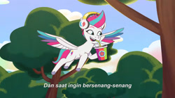 Size: 3072x1727 | Tagged: safe, screencap, zipp storm, pegasus, pony, g5, icy prints, my little pony: tell your tale, spoiler:g5, spoiler:my little pony: tell your tale, spoiler:tyts02e01, banana, drink, female, flying, food, headphones, indonesian, mare, open mouth, open smile, smiling, smoothie, solo, spread wings, subtitles, wings