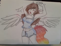 Size: 2048x1536 | Tagged: safe, artist:mscolorsplash, oc, oc only, oc:color splash, pegasus, anthro, armpits, arms in the air, belly button, breasts, busty oc, clothes, eyes closed, midriff, pajamas, shorts, solo, spread wings, stretching, traditional art, wings, yawn
