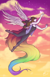 Size: 3300x5100 | Tagged: safe, artist:mscolorsplash, oc, oc only, oc:color splash, butterfly, pegasus, anthro, plantigrade anthro, absurd resolution, boots, breasts, cleavage, female, flying, mare, rainbow tail, shoes, spread wings, sunset, tail, wings