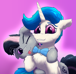 Size: 2380x2300 | Tagged: safe, artist:gosha305, idw, dj pon-3, octavia melody, vinyl scratch, earth pony, pony, unicorn, g4, :p, abstract background, alternate hairstyle, alternate universe, blushing, bowtie, bust, cheek fluff, cheek to cheek, chest fluff, cuddling, cute, duo, ear fluff, female, floppy ears, fluffy, high res, horn, hug, lesbian, looking at you, mare, mirror universe, one eye closed, pink background, portrait, ship:scratchtavia, shipping, simple background, smiling, tavibetes, tongue out, vinylbetes, wink
