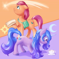 Size: 4096x4096 | Tagged: safe, artist:felldeal, izzy moonbow, sunny starscout, earth pony, pony, unicorn, g5, cup, duo, duo female, female, mare, moon, shooting star, simple background, sun, teacup