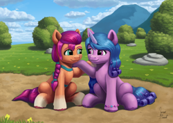 Size: 1550x1096 | Tagged: safe, artist:zevironmoniroth, izzy moonbow, sunny starscout, earth pony, pony, unicorn, g5, bracelet, braid, duo, duo female, eye contact, female, friendship bracelet, horn, jewelry, lesbian, looking at each other, looking at someone, looking out for you, mare, outdoors, ship:moonscout, shipping, sitting, smiling, smiling at each other, unshorn fetlocks