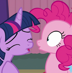 Size: 937x941 | Tagged: safe, screencap, pinkie pie, twilight sparkle, alicorn, earth pony, pony, a trivial pursuit, g4, season 9, bag, cropped, eyes closed, female, floppy ears, mare, out of context, saddle bag, twilight sparkle (alicorn), wide eyes