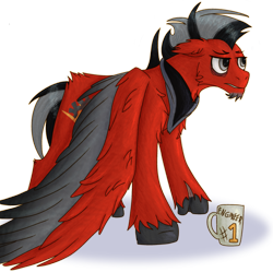 Size: 2549x2534 | Tagged: safe, artist:gambrygs, oc, oc only, oc:silverspeed, pegasus, bandana, black, black hooves, black mane, black wings, chest fluff, colored, engineer, fluffy, full body, full color, gray, gray eyes, gray mane, grumpy, male, mug, red, red coat, render, scar, short mane, silver, simple background, solo, stallion, tired, transparent background, wings