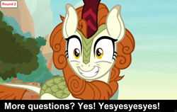 Size: 1920x1212 | Tagged: safe, edit, edited screencap, screencap, autumn blaze, kirin, comic:celestia's servant interview, g4, season 8, sounds of silence, caption, cs captions, female, grin, image macro, interview, looking at you, smiling, smiling at you, solo, text