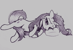 Size: 2507x1725 | Tagged: safe, artist:mizhisha, rarity, pony, g4, bedroom eyes, female, looking at you, lying down, mare, messy mane, monochrome, pillow, simple background, smiling, smiling at you, solo, traditional art