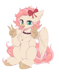 Size: 2086x2550 | Tagged: safe, artist:eventseem, oc, oc only, oc:shiny shell, classical hippogriff, hippogriff, 2024 community collab, derpibooru community collaboration, bow, chest fluff, collar, cute, femboy, fluffy, hair bow, hippogriff oc, looking at you, male, open mouth, ribbon, simple background, solo, transparent background, unshorn fetlocks, wings