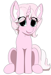 Size: 1749x2560 | Tagged: safe, artist:marshmallowfluff, oc, oc only, oc:marshmallow fluff, pony, unicorn, 2024 community collab, derpibooru community collaboration, eye clipping through hair, freckles, horn, looking at you, open mouth, open smile, simple background, sitting, smiling, solo, transparent background