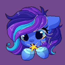 Size: 1600x1600 | Tagged: safe, artist:kristina, derpibooru exclusive, earth pony, pony, :o, floppy ears, freckles, head, hooves, looking at something, open mouth, purple background, simple background, solo, stars