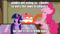 Size: 485x278 | Tagged: safe, derpibooru exclusive, edit, edited screencap, screencap, pinkie pie, twilight sparkle, earth pony, pony, unicorn, g4, swarm of the century, cake, caption, cartoon physics, duo, duo female, eating, female, food, image macro, leaning on table, long tongue, mare, meme, open mouth, overeating, pinkie being pinkie, stuffing, sugarcube corner, text, tongue out, unicorn twilight