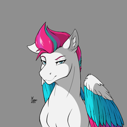 Size: 1600x1600 | Tagged: safe, artist:monolith_skyline, derpibooru exclusive, zipp storm, pegasus, pony, g5, colored wings, female, gray background, lidded eyes, looking at you, mare, multicolored wings, simple background, smiling, smiling at you, solo, wings