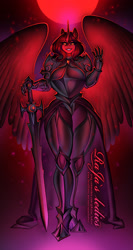 Size: 958x1800 | Tagged: safe, artist:rajas_ledies, oc, oc only, oc:bea adversaria, alicorn, anthro, alicorn oc, armor, big breasts, breasts, clothes, commission, female, gloves, horn, huge breasts, looking at you, sword, weapon, wings