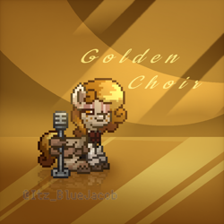 Size: 924x924 | Tagged: safe, edit, oc, oc:golden choir, pegasus, pony, pony town, bow, bowtie, clothes, female, golden background, makeup, mare, microphone, one eye open, redhoof casino, reflection, solo, wing hold, wings