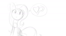 Size: 1960x1080 | Tagged: safe, artist:dshou, fluttershy, pegasus, pony, g4, 2012, female, heart, looking at you, mare, monochrome, old art, pictogram, question mark, sitting, sketch, smiling, solo