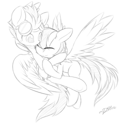 Size: 2000x2000 | Tagged: safe, artist:dshou, oc, oc only, oc:diz, oc:lander, pegasus, pony, eyes closed, goggles, goggles on head, high res, hug, monochrome, simple background, smiling, spread wings, white background, wings