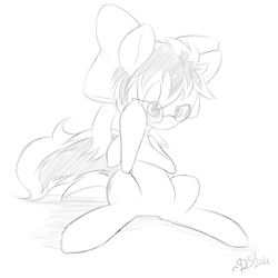 Size: 2000x2000 | Tagged: safe, artist:dshou, oc, oc only, earth pony, pony, bow, glasses, hair bow, high res, looking down, monochrome, sitting, solo, thinking