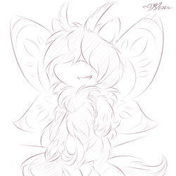 Size: 1200x1200 | Tagged: safe, artist:dshou, oc, oc only, moth, mothpony, original species, pony, chest fluff, cute, fluffy, flying, grin, hair over eyes, monochrome, simple background, sketch, smiling, solo, spread wings, white background, wings