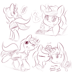 Size: 2000x2000 | Tagged: safe, artist:dshou, oc, oc only, oc:dewdrop, oc:violet petal, pony, unicorn, butt, clothes, eating, female, glowing, glowing horn, high res, horn, horns are touching, magic, mare, monochrome, pencil skirt, plot, sketch, skirt, smiling