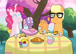 Size: 4093x2894 | Tagged: safe, artist:kurisumuffins, applejack, pinkie pie, scootaloo (g3), wysteria, pegasus, pony, g3, g4, ^^, adopted offspring, alternate design, alternate universe, baby, baby pony, brigadeiro, chair, cottagecore, cute, eating, eyes closed, female, filly, foal, food, forest, forest background, fruit, glasses, herbivore, highchair, lesbian, mare, muffin, nature, nose wrinkle, parent:applejack, parent:pinkie pie, parents:applepie, pegasus pinkie pie, picnic, puffy cheeks, pumpkin pie, race swap, ship:applepie, shipping, smiling, strawberry juice, tree