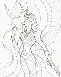 Size: 1440x1800 | Tagged: safe, princess celestia, alicorn, human, g4, humanized, monochrome, pencil drawing, sketch, solo, traditional art