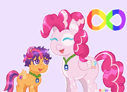 Size: 1280x925 | Tagged: safe, artist:kurisumuffins, pinkie pie, scootaloo (g3), pegasus, g3, g4, ^^, adopted daughter, adopted offspring, alternate design, alternate universe, autism, autistic pinkie pie, autistic scootaloo, eyes closed, female, filly, foal, lavender background, mare, mother and child, mother and daughter, neurodivergent, neurodivergent symbol, parent:pinkie pie, simple background, smiling