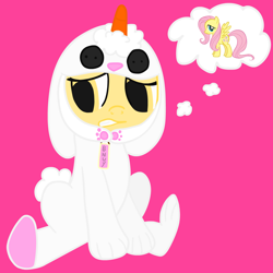 Size: 1280x1280 | Tagged: safe, fluttershy, oc, oc:snowflake, pony, animal costume, bunny costume, clothes, costume, female, filly, foal