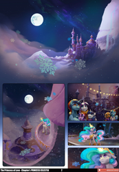 Size: 3541x5121 | Tagged: safe, artist:freeedon, artist:jewellier, artist:lummh, artist:nocturnefrost, jack pot, night light, princess cadance, princess celestia, shining armor, sunflower spectacle, trixie, twilight sparkle, twilight velvet, alicorn, pony, unicorn, comic:the princess of love, g4, absurd resolution, advertisement, canterlot, canterlot castle, christmas, clothes, colt, colt shining armor, comic, decoration, female, filly, filly trixie, filly twilight sparkle, foal, grin, hat, hearth's warming eve, holiday, lyrics, male, mare, mare in the moon, moon, open mouth, open smile, princess of love, scarf, smiling, snow, snowfall, stallion, text, unicorn twilight, winter hat, young twilight, younger