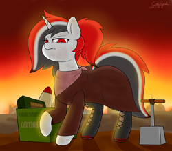 Size: 4000x3500 | Tagged: safe, artist:cdrspark, oc, oc only, oc:red rocket, unicorn, fallout equestria, fanfic:the tragic tale of red rocket, blood, bomb, boots, clothes, coat, detonator, dirty, dusk, explosives, female, horn, red eyes, ruins, scarf, shoes, solo, unamused, unicorn oc, wasteland, weapon