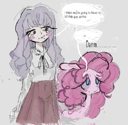 Size: 913x889 | Tagged: safe, artist:dddddaxie998839, pinkie pie, earth pony, human, pony, g4, blushing, clothes, crossover, dialogue, duo, fear and hunger 2, floppy ears, gray background, i think we're gonna have to kill this guy, lip piercing, marina (fear and hunger), meme, piercing, shirt, simple background, skirt, sweat, sweatdrop, talking, text, worried