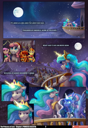 Size: 3541x5121 | Tagged: safe, artist:freeedon, artist:jewellier, artist:lummh, princess celestia, princess luna, stellar flare, sunburst, sunset shimmer, sunspot (g4), alicorn, earth pony, pegasus, pony, unicorn, comic:the princess of love, g4, absurd resolution, canterlot, canterlot castle, christmas, clothes, colt, colt sunburst, comic, decoration, ethereal mane, female, filly, filly sunset shimmer, foal, hat, hearth's warming eve, holiday, lyrics, male, mare, mare in the moon, moon, open mouth, open smile, scarf, smiling, snow, snowfall, stallion, text, winter hat, younger