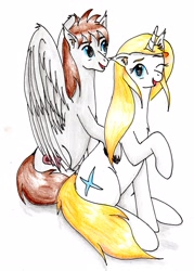 Size: 2025x2828 | Tagged: safe, artist:40kponyguy, derpibooru exclusive, oc, oc only, oc:jezza, oc:tecuro, pegasus, pony, unicorn, derpibooru community collaboration, ear fluff, female, looking at you, male, mare, one eye closed, open mouth, open smile, raised hoof, simple background, smiling, stallion, unshorn fetlocks, white background