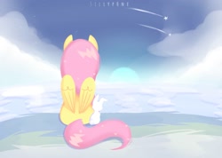 Size: 1957x1392 | Tagged: safe, artist:sillyp0ne, fluttershy, pegasus, pony, rabbit, g4, animal, cloud, day, female, folded wings, mare, rear view, shooting star, sitting, sky, solo, wings