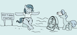 Size: 2640x1208 | Tagged: safe, artist:djsleepyhooves, oc, oc only, earth pony, pony, belly button, clothes, duo, electric fan, fan, joke, sand, shirt, sign, t-shirt