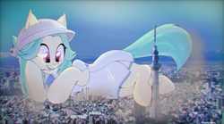 Size: 2879x1599 | Tagged: safe, artist:lustrebeam, oc, oc:lustrebeam, pony, city, cityscape, clothes, destruction, dress, female, giantess, hat, hooves, macro, magenta eyes, micro, smiling, teal mane, tokyo skytree