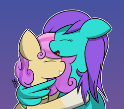 Size: 3139x2762 | Tagged: safe, artist:japkozjad, oc, oc only, oc:quickdraw, oc:swing time, earth pony, pegasus, coat markings, commissioner:dhs, cute, duo, earth pony oc, female, gradient background, happy, hug, pegasus oc, smiling, socks (coat markings), winghug, wings