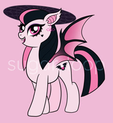 Size: 856x934 | Tagged: safe, artist:sugar-loop, bat pony, pony, draculaura, ear fluff, ear piercing, earring, eyeshadow, fangs, jewelry, makeup, monster high, piercing, pink background, ponified, simple background, solo, standing, tail, two toned hair, two toned mane, two toned tail, wingding eyes