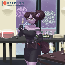 Size: 900x900 | Tagged: safe, artist:kevinsano, raven, earth pony, anthro, g4, alcohol, choker, clothes, evening gloves, female, fireworks, food, glass, glasses, gloves, long gloves, mare, open mouth, skirt, solo, sushi, tablet, window, wine, wine glass