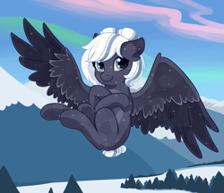 Size: 1461x1260 | Tagged: safe, artist:maravor, oc, oc only, oc:lunara moonstone, crystal pegasus, crystal pony, pegasus, pony, colored wings, commission, crystal empire, crystal pony oc, crystallized, cute, female, flying, looking at you, mare, mountain, mountain range, ocbetes, pegasus oc, sky, snow, solo, spread wings, two toned coat, two toned wings, wings, ych result