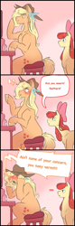 Size: 1280x3840 | Tagged: safe, artist:smirk, apple bloom, applejack, earth pony, pony, g4, ..., apple sisters, blushing, caught, comic, dialogue, duo, embarrassed, feather, female, freckles, furniture, hat, implied appledash, implied lesbian, implied shipping, mirror, siblings, simple background, sisters, sitting, speech bubble