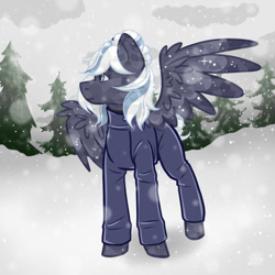 Size: 1024x1024 | Tagged: safe, artist:ritork, oc, oc only, oc:lunara moonstone, crystal pegasus, crystal pony, pegasus, pony, clothes, colored wings, commission, crystal pony oc, crystallized, cute, female, mare, outdoors, pegasus oc, snow, snowfall, solo, spread wings, suit, two toned wings, wings, ych result